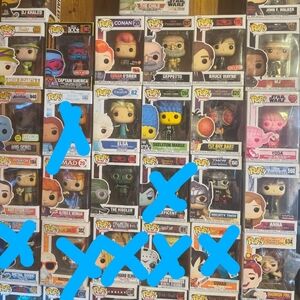 Funko Pop Vinyl Figures with Red, Blue, and Black Details